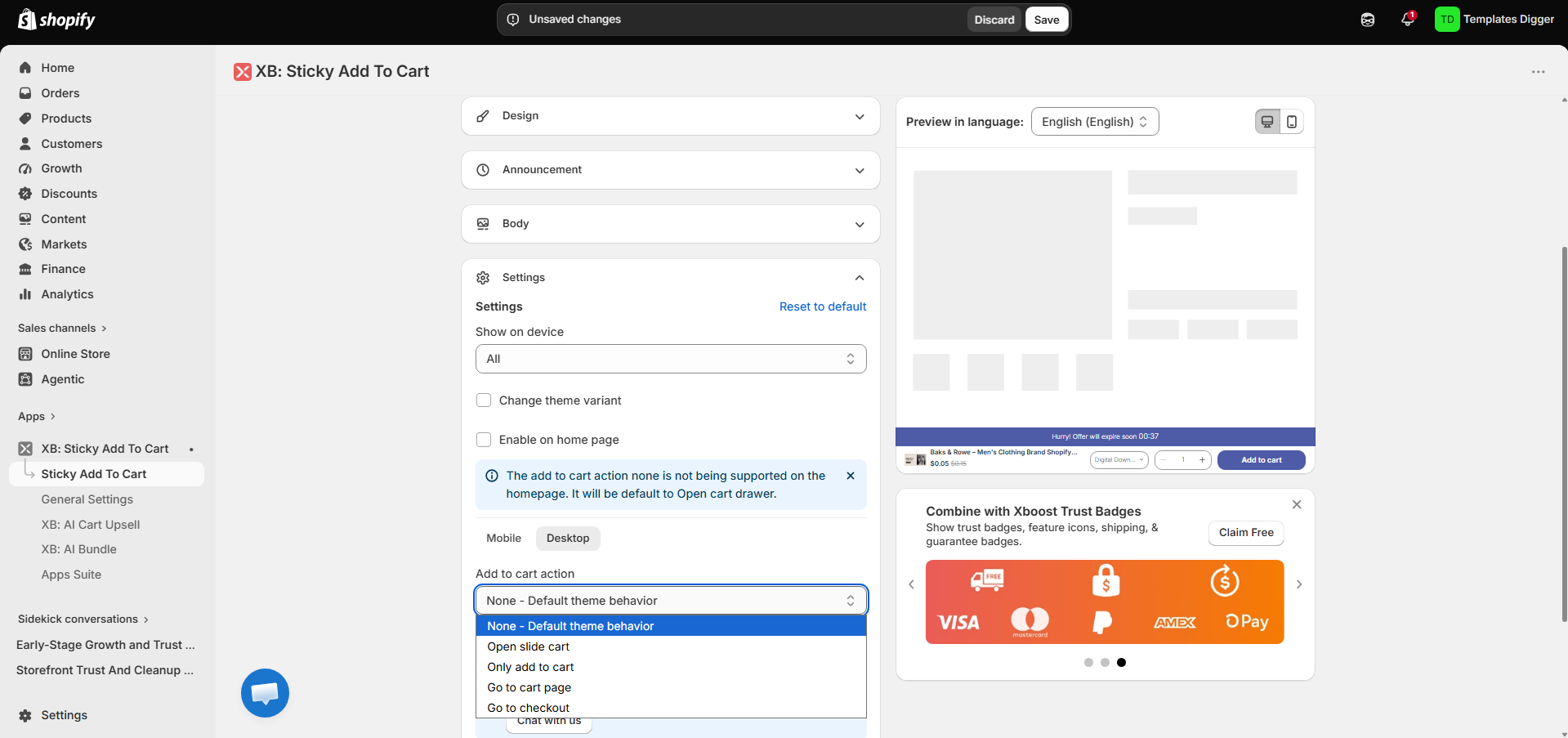 XB Sticky Add To Cart action settings in Shopify