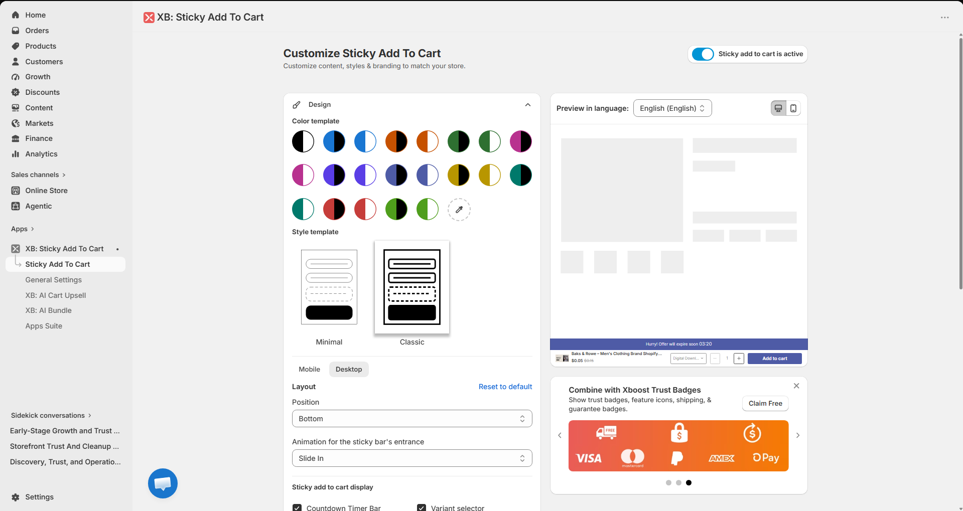 XB Sticky Add To Cart design and layout customisation