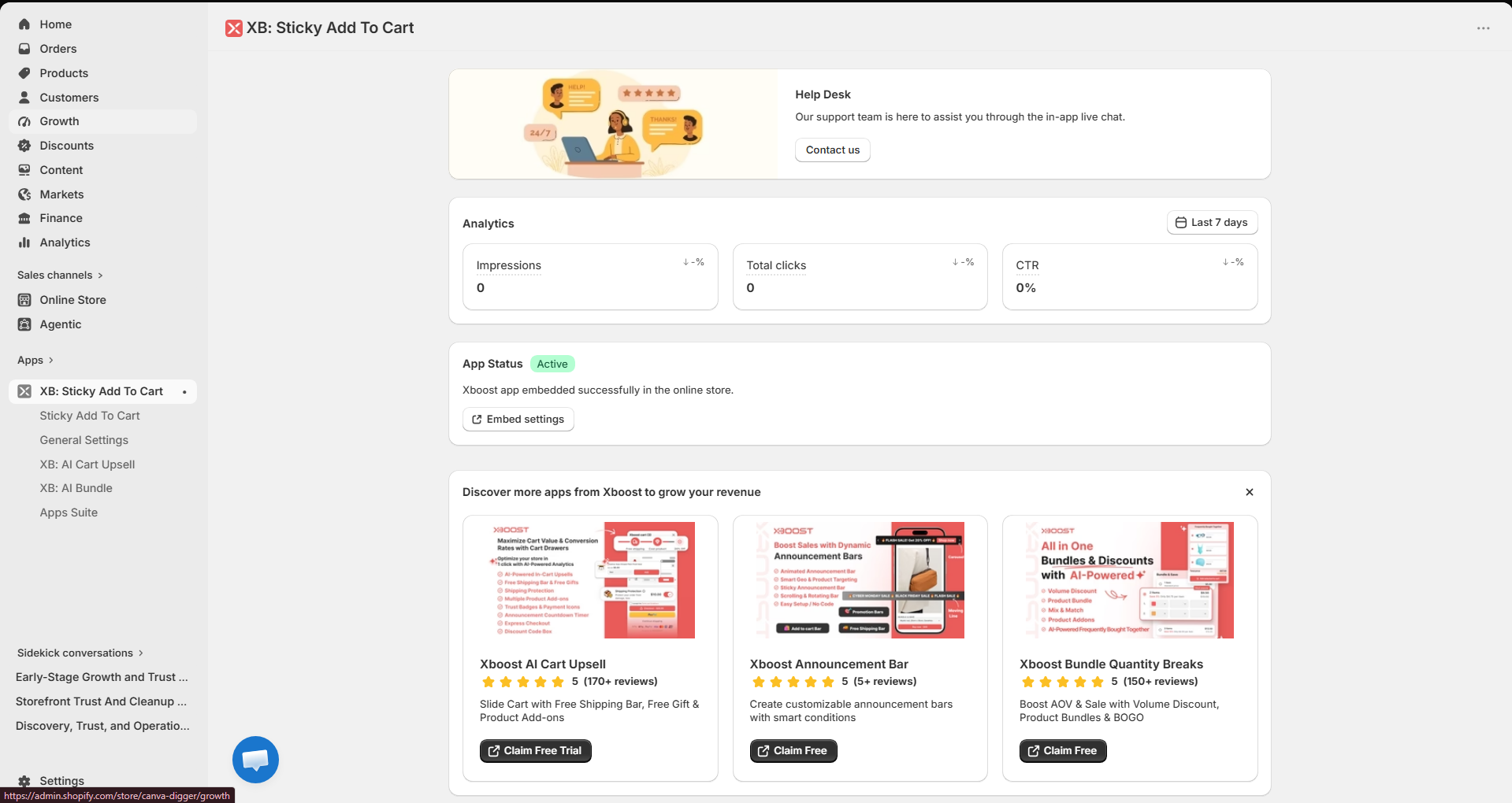 XB Sticky Add To Cart app dashboard in Shopify